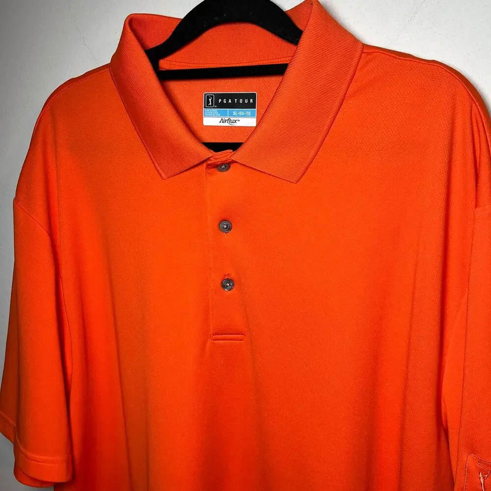 PGA Tour Airflux‎ Mens Polo Golf Shirt Orange Size XL Stretchy Short Sleeve Logo